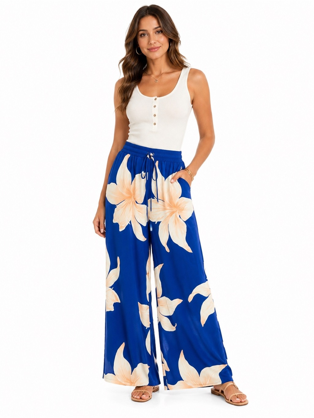 Boho Size Medium Floral Blue and Cream Women's Flowy Wide Leg Pants